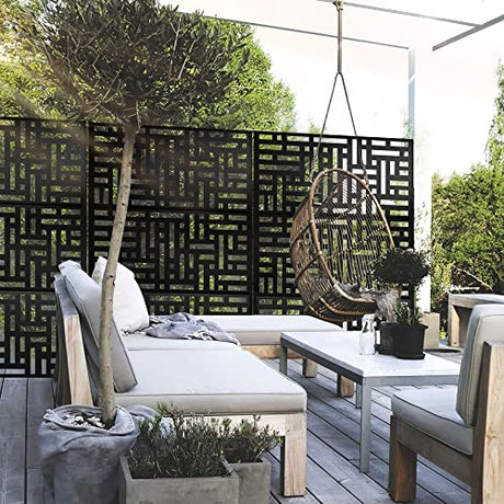 Elevens Metal Outdoor Privacy Screen, Freestanding Outdoor Divider Decorative Privacy Fence Screen, Fence Panels for Balcony Patio,72‘’H×47‘’W (Black-Retangle) Elevens