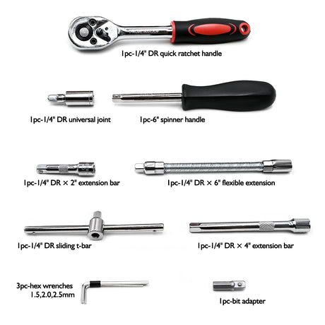 Egofine 46 Pieces 1/4 inch Drive Socket Ratchet Wrench Set, with Bit Socket Set Metric and Extension Bar for Auto Repairing and Household, with Storage Case Egofine