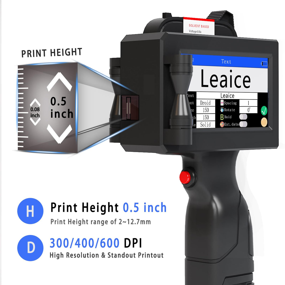 Handheld Inkjet Printer with 42ml Black Quick-Drying Ink Cartridge, Portable Handheld Printer Gun Printing Height 0.08-0.5 Inch for Text QRCode Barcode Batch Number Label Logo Image for Any Surface Leaice