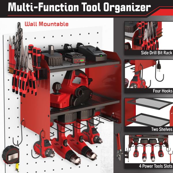 Stalwart Power Tool Organizer Wall Mount with Charging Station - 4 Drill Holder with 8 Outlet Power Strip - Garage Organizer Tool Storage Rack Stalwart