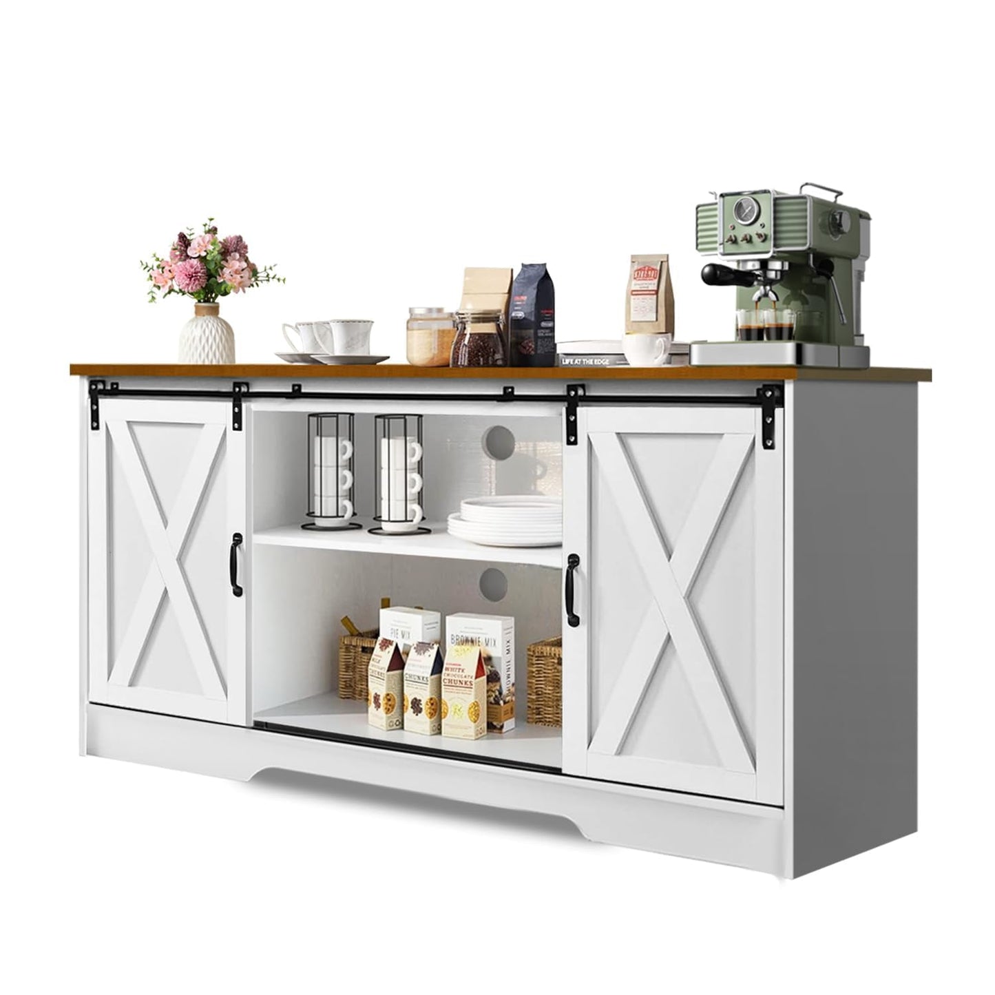 4 EVER WINNER White Coffee Bar Cabinet, Farmhouse Buffet Cabinet with Storage, 59" Sideboard Buffet Cabinet with Sliding Barn Doors, TV Stand Station Long Server Table Cupboard for Living Dining Room