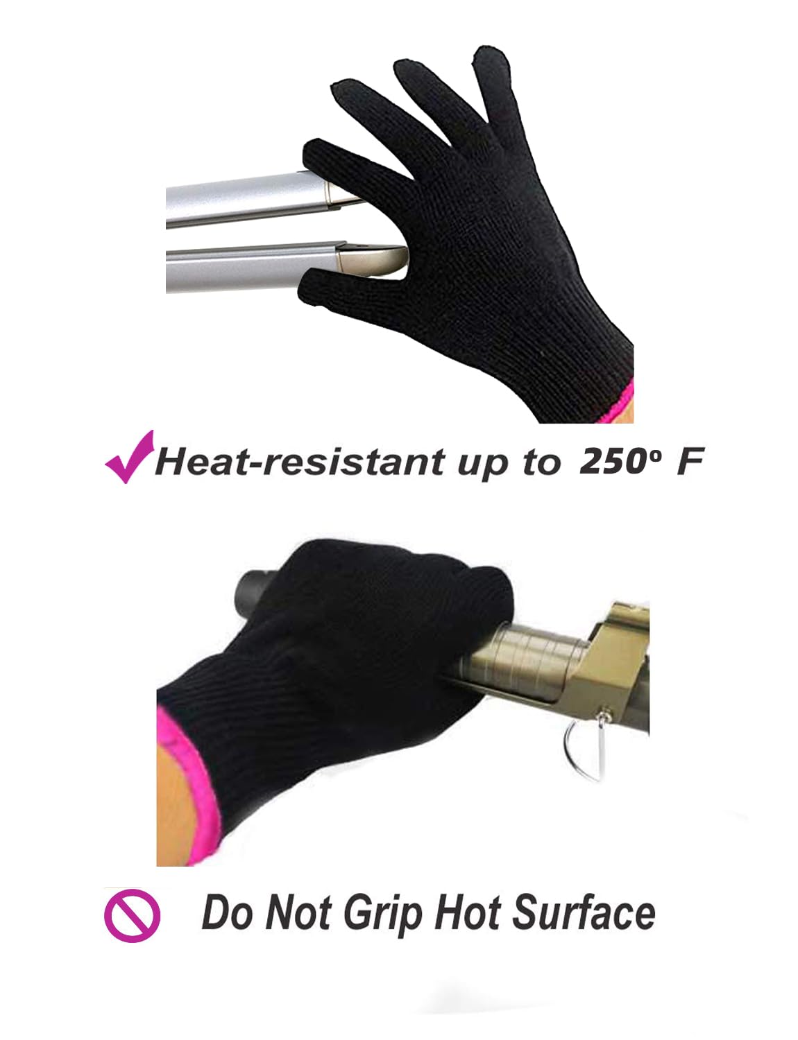 AFT90 2 Heat Resistant Glove for Hair Styling, Curling Iron, Flat Iron and Curling Wand, Black, Pink Edge AFT90