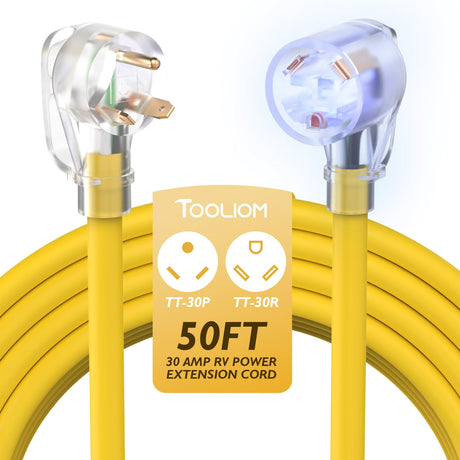 TOOLIOM 30 Amp RV Extension Cord 50 FT, NEMA TT-30P to TT-30R Extension Cord with 15M/30F RV Adapter, 3-Prong 125V Heavy Duty STW 10/3 AWG RV Power Cord with LED Indicator and Grip Handle, UL Listed TOOLIOM