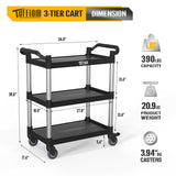 TUFFIOM 3-Tier Plastic Service Utility Cart with Wheels, Heavy Duty 390lbs Capacity, Commercial Rolling Ideal for Restaurant, Foodservice, Office, Warehouse, Black 34.8''L x 17.4''W x 38.6''H TUFFIOM
