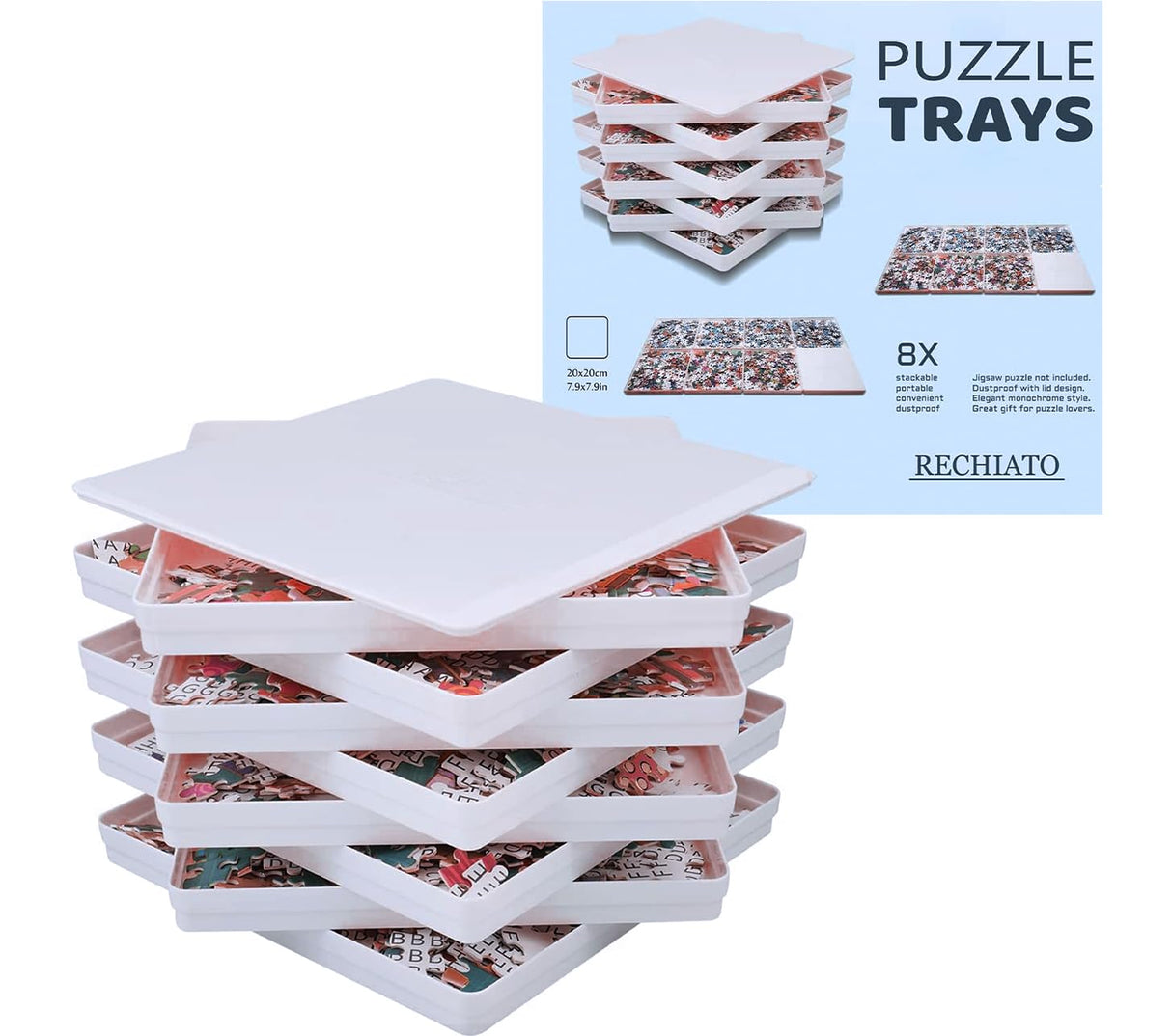 8 Sorting Trays with Lid 8x8 Premium Puzzle Trays for Lovers Up to 1000-1500 Pieces, Convenient Tool (White) RECHIATO