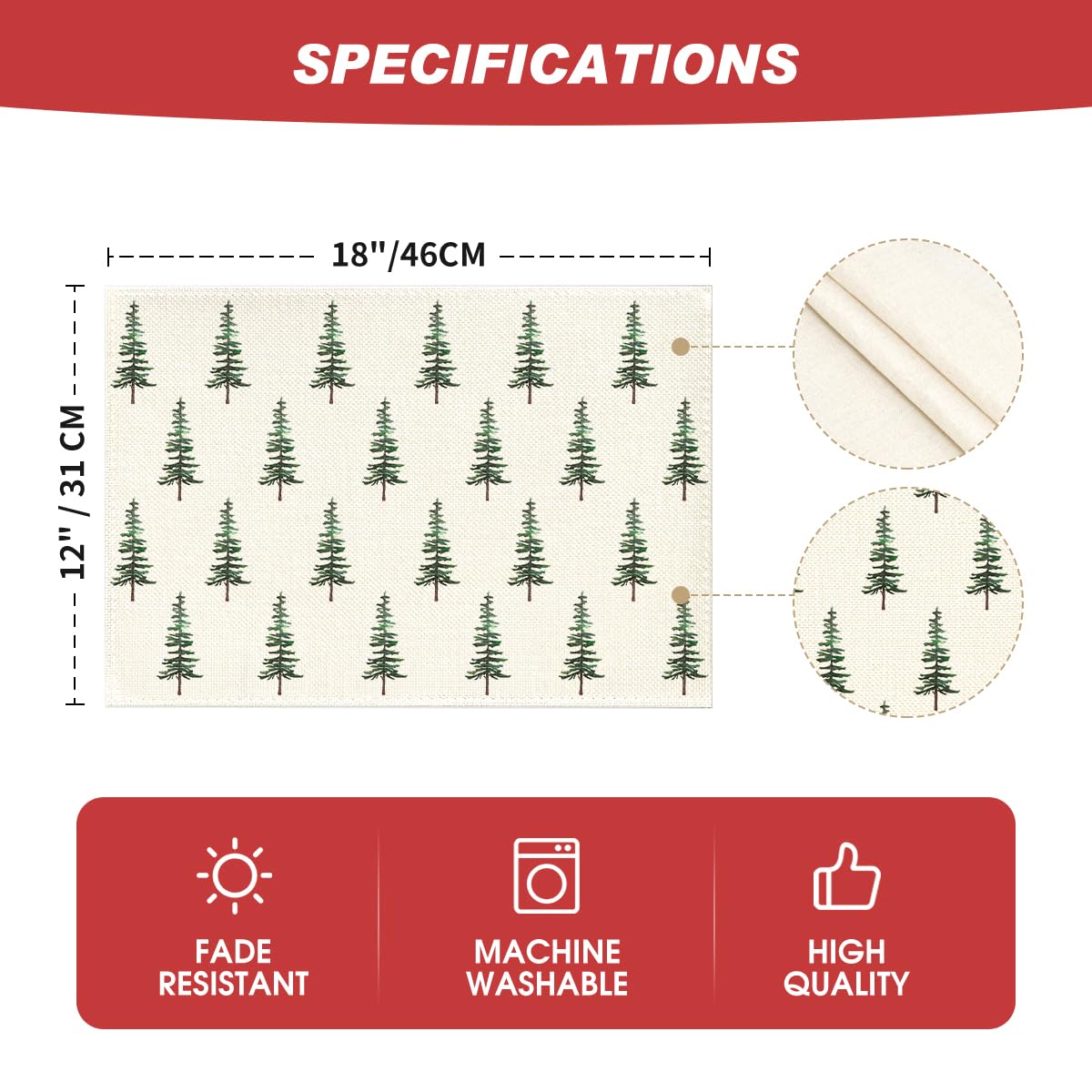 Artoid Mode Green Xmas Pine Christmas Placemats Set of 4, 12x18 Inch Seasonal Christmas Table Mats for Party Kitchen Dining Decoration Artoid Mode