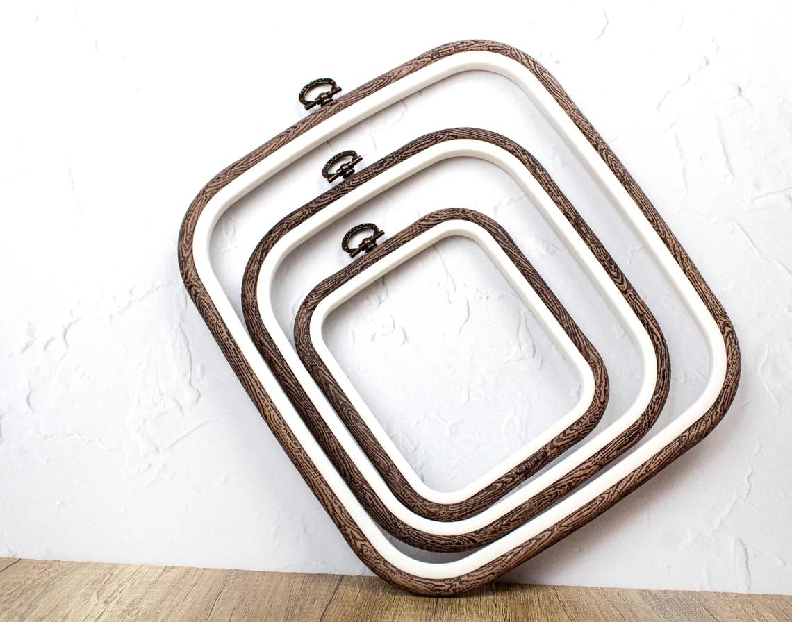 Nurge 3 Piece Embroidery Hoop Set Imitated Wood Display Frame, Plastic Cross Stitch Hoop, Rubber Embroidery Frame (Square Set, 3 Pcs Size Set) Nurge