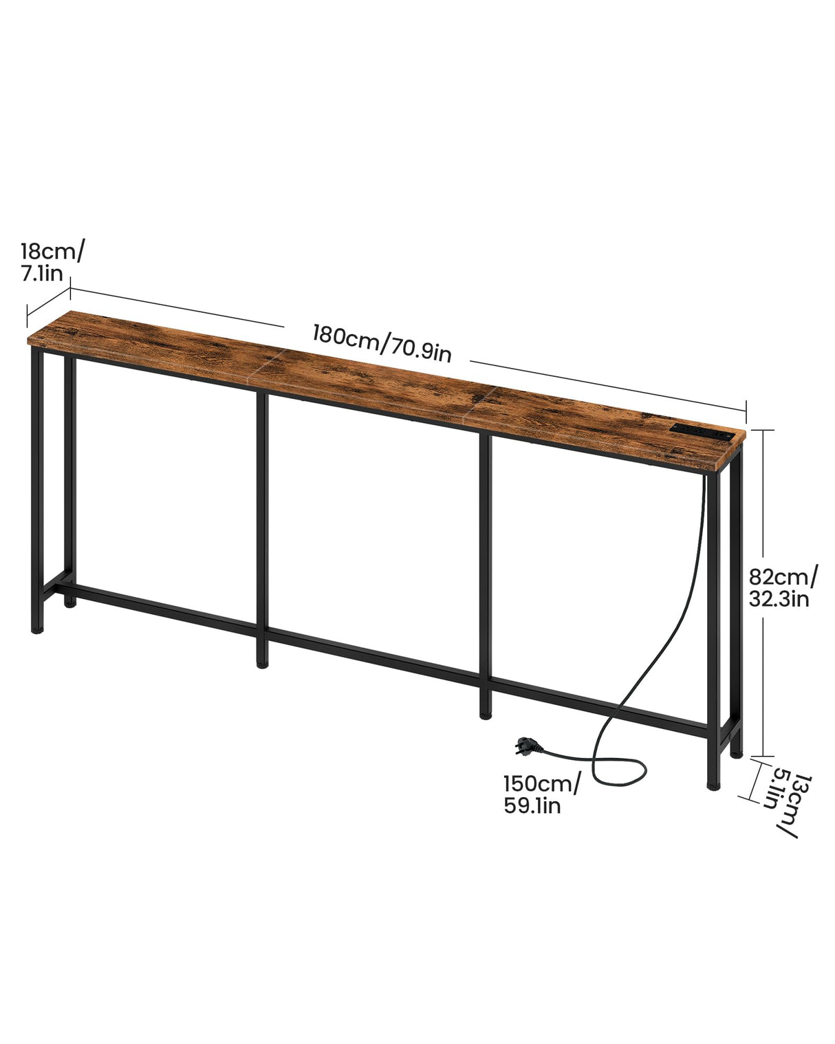 CHOEZON 70.9" Narrow Console Table with Power Outlet 7.1" Skinny Sofa Table, Long Behind Couch Table with Charging Station, Entryway Table for Hallway, Living Room Rustic Brown and Black TXG18UBF CHOEZON
