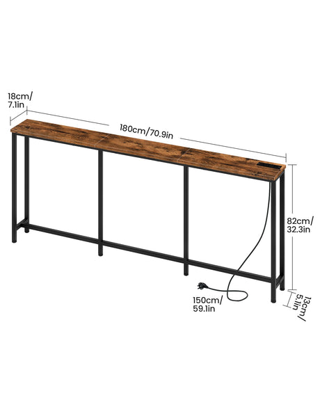 CHOEZON 70.9" Narrow Console Table with Power Outlet 7.1" Skinny Sofa Table, Long Behind Couch Table with Charging Station, Entryway Table for Hallway, Living Room Rustic Brown and Black TXG18UBF CHOEZON