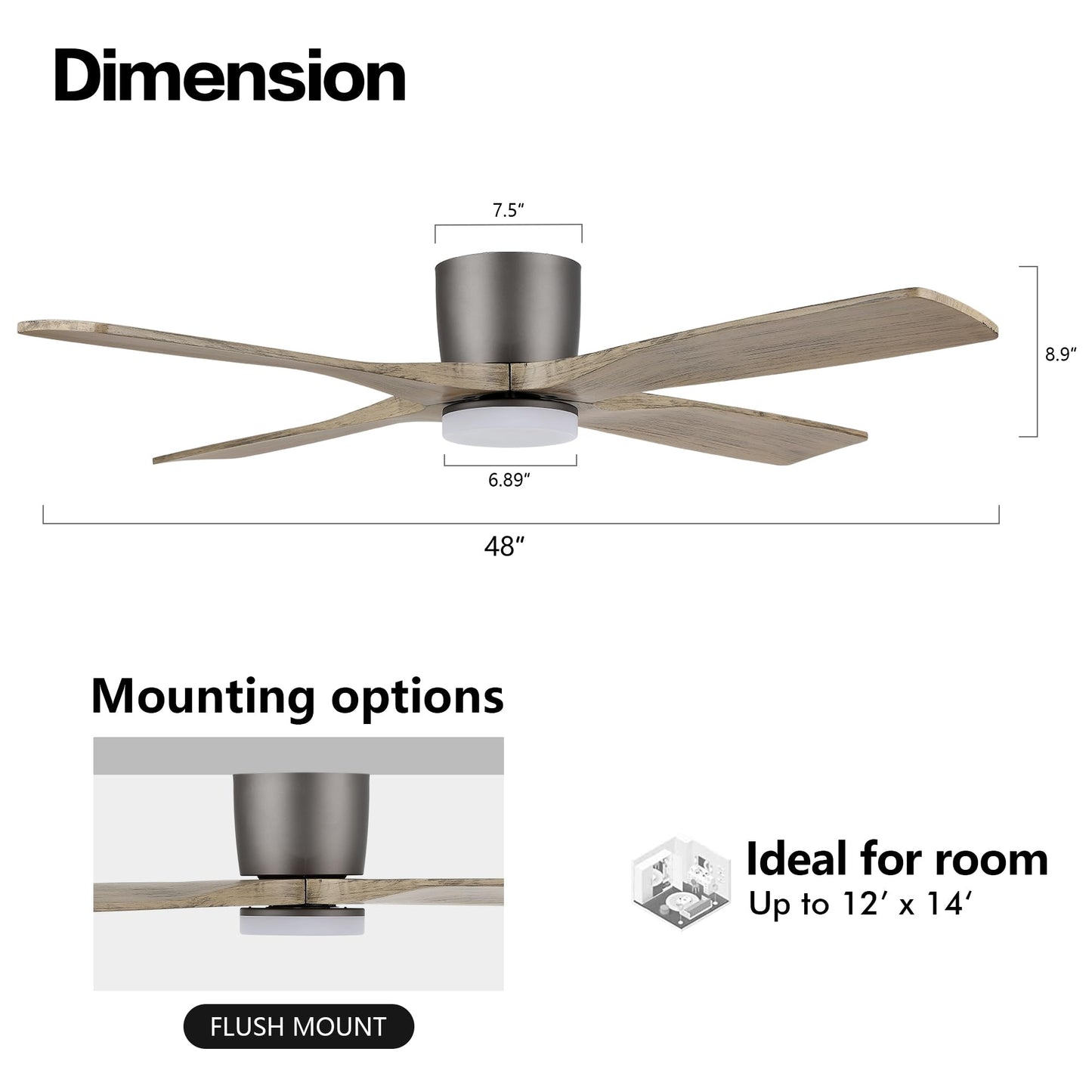 WINGBO 48 Inch Flush Mount DC Ceiling Fan with Lights and Remote, 4 Reversible Carved Wood Blades, 6-Speed Noiseless DC Motor, Hugger Ceiling Fan in Graphite Finish with Gray Blades, ETL Listed