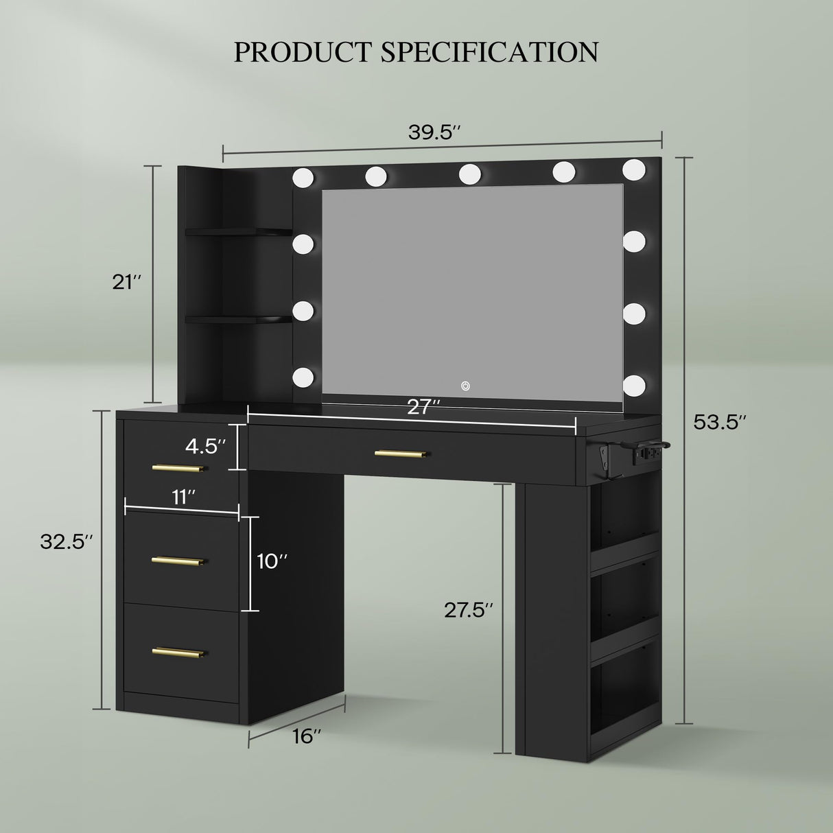 YITAHOME Vanity Desk with Mirror and Lights, Makeup Table with Charging Station, Large Vanity Set with 4 Drawers, Cute Makeup Desk with 6 Storage Shelves, Black YITAHOME