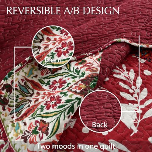 camandy Cotton Bedspread Quilt Bedding Sets 3 Pieces Reversible Coverlet Sets Comforters Gorgeous Paisley Floral Patchwork Red Bedspread, Queen Size camandy