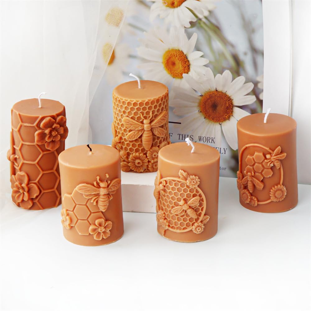 Xidmold Bee Honeycomb Flower Cylinder Candle Mold, Honeybee Beehive Pillar Silicone Mold for Beeswax Candle, Soy Wax Candle, Plaster Ornament, DIY Crafts (B) Xidmold