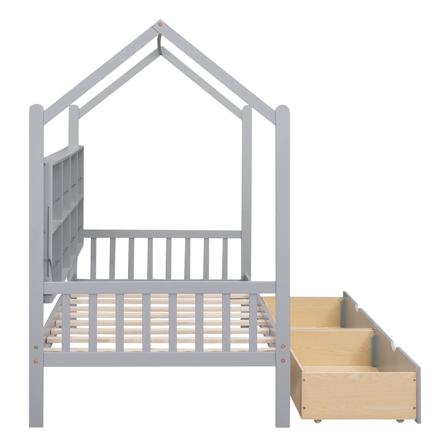 Bellemave Twin Size House Bed with Storage Drawers and Shelves - Gray Montessori Playhouse Frame for Kids - WoodArtSupply