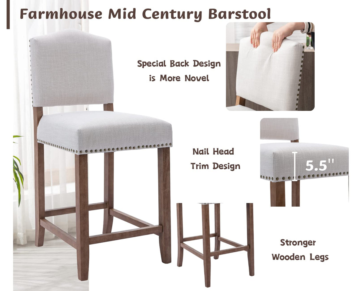 CIMOTA Counter Height Bar Stools Set of 2 Farmhouse Bar Chairs Mid Century Counter Stools Barstools with Back Kitchen Stools with Wood Legs for Island/Pub/Dining Room, Linen Beige, 26 Inch CIMOTA