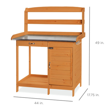 Best Choice Products Outdoor Garden Wooden Potting Bench Work Station w/Metal Table Top, Pre-Stained Finish, Cabinet, Sliding Drawer, Large Bottom Shelf - Brown Best Choice Products