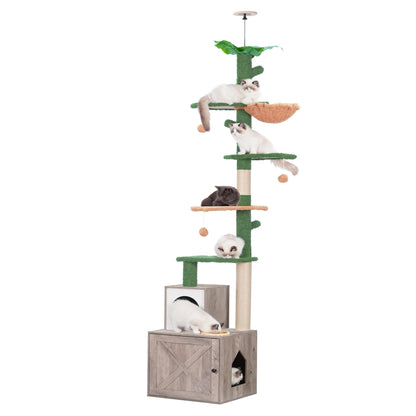 Heybly Cat Tree Floor to Ceiling，Cactus Cat Tower with Adjustable Height(97-108 Inches) and Wood Litter Box Enclosure,Cat Condo Furniture with Cozy Basket and Scratching Board Rustic Gray HCT - WoodArtSupply