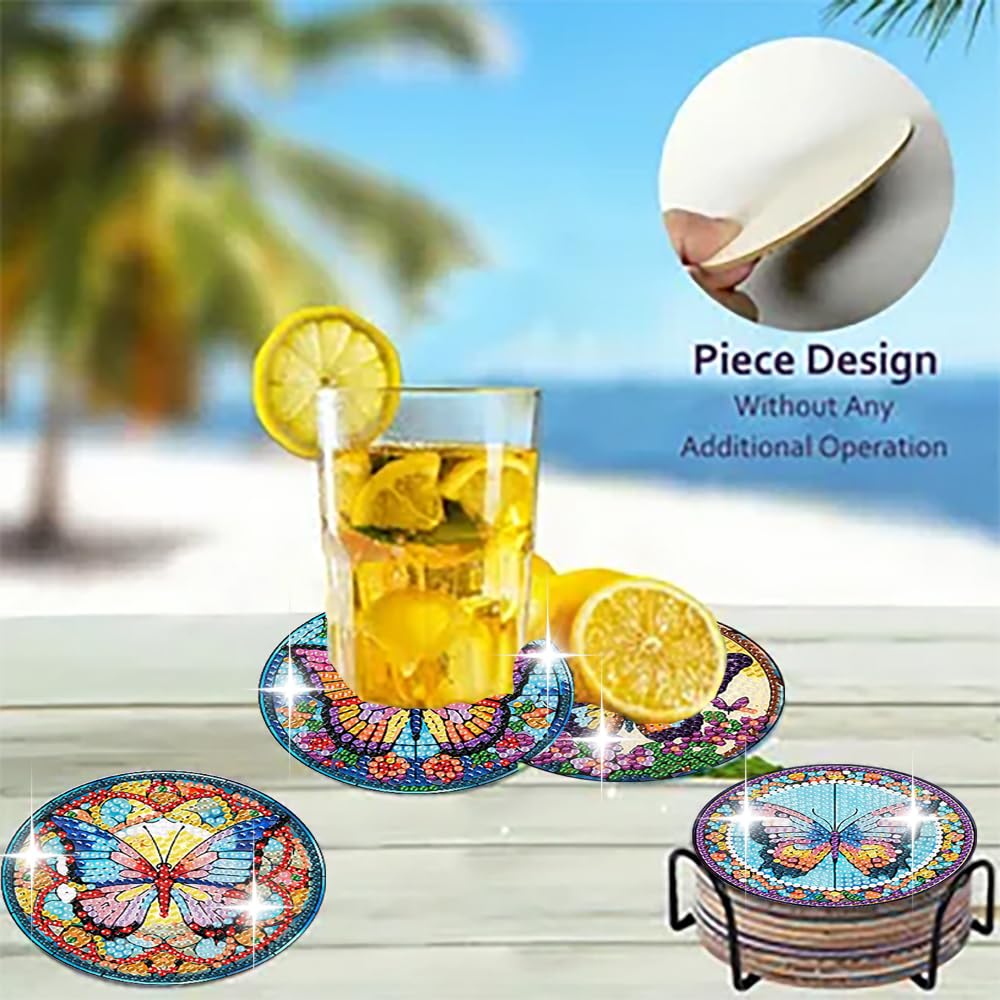 Zythron 8 PCS Butterfly Diamond Art Coasters Diamond Painting Coasters Kits with Holder Butterfly DIY Coaster for Beginners, Adults, Diamond Art Crafts Supplies 4x4 in Zythron