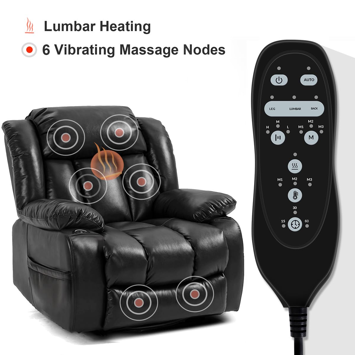 Recliner Chair Sofa Reclining Glider Rocking Sleeper Living Room 360° Swivel for Adults Theater Chairs Leather Rocker Recliners Cup Holders (Black) HOMYHOMEY