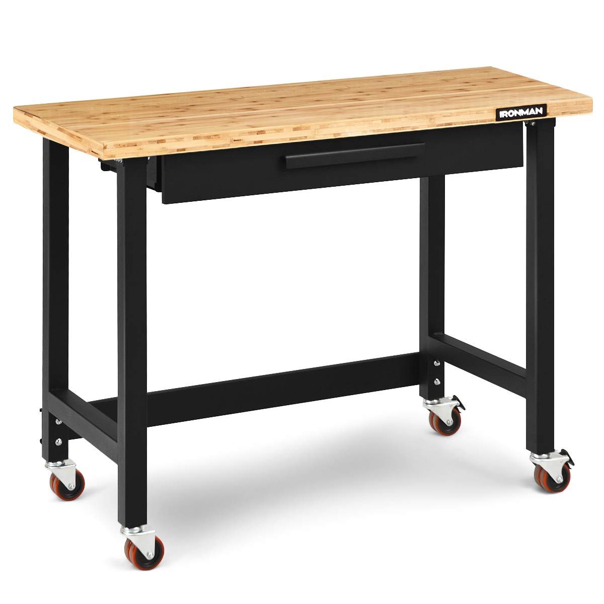 Goplus 48" Mobile Workbench, Bamboo Tabletop Workstation with Two Lockable Casters, Sliding Organizer Drawer, Weight Capacity 500 Lbs, Multipurpose - WoodArtSupply