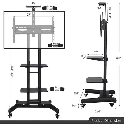 Yaheetech Mobile TV Stand with Wheels, Adjustable Rolling TV Cart for 32 to 75 inch LCD LED Screen TV w/Storage Shelves and Heavy Duty Base, Holds up to 110 Lbs, Max VESA 600x400mm