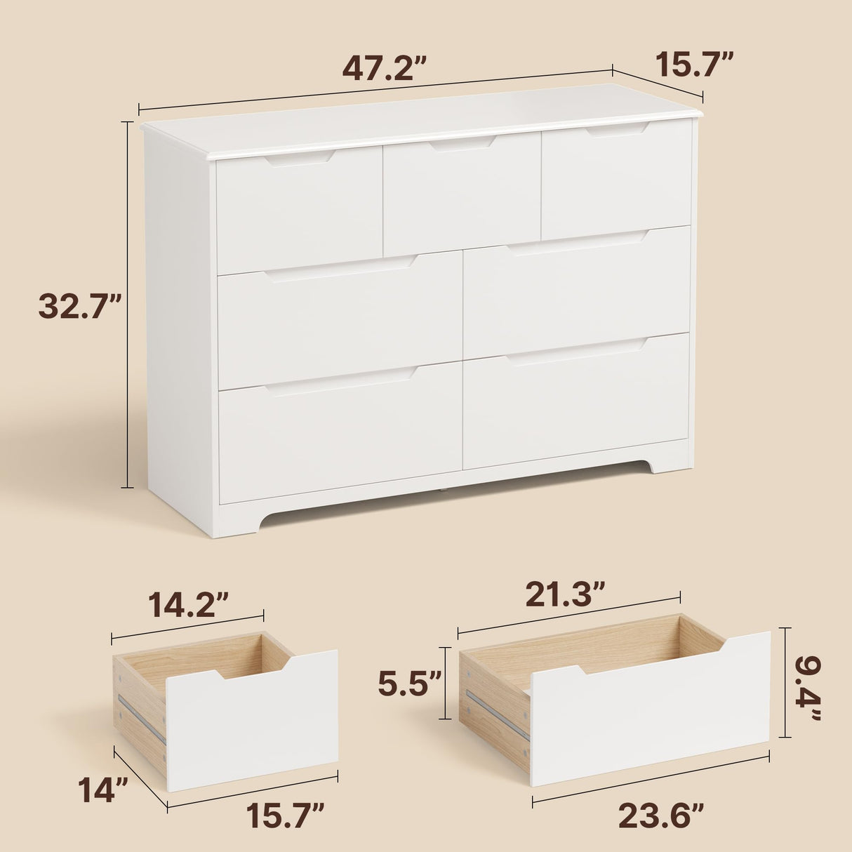 Gizoon 7 Drawer Dresser, 48" Wide White Dresser for Bedroom, Chest of Drawers with Handle Free Design, Modern Storage Organizer for Living Room, Kids Room, Entryway, Hallway, White Gizoon