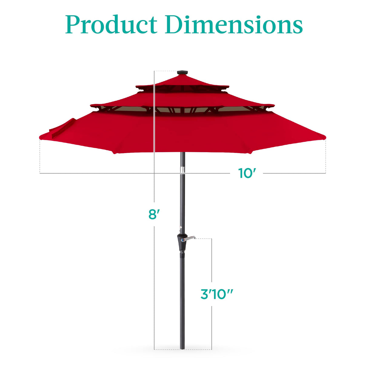 Best Choice Products 10ft 3-Tier Solar Patio Umbrella, Outdoor Market Sun Shade for Backyard, Deck, Poolside w/ 24 LED Lights, Tilt Adjustment, Easy Crank, 8 Ribs - Red Best Choice Products