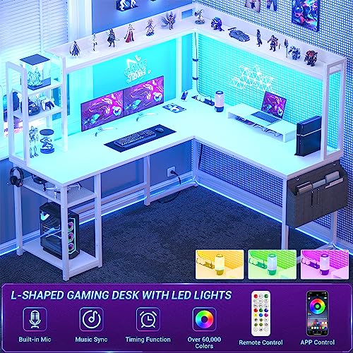 Aheaplus L Shaped Desk with Power Outlet, L Shaped Gaming Desk with Led Light & Hutch, Reversible Home Office Desk, Corner Computer Desk Writing Desk with Monitor Stand & Storage Shelves, White Aheaplus