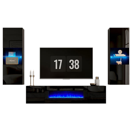 AMERLIFE Wall Unit Entertainment Center with 36" Electric Fireplace, Includes 68" Floating Fireplace TV Stand, 2 x Wall Cabinets, Modern LED Light Media Console Table for Living Room, Black/White AMERLIFE
