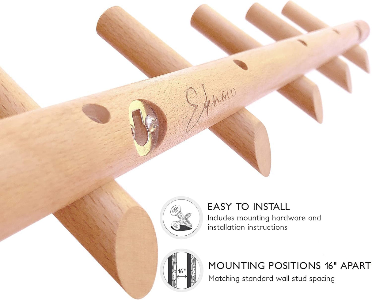 Eden & Co Modern Wall Mounted Coat and Hat Rack – 5 Hooks, Beautiful Wood Entryway Hanger with Pegs - Wooden Bedroom and Bathroom Robe Racks - Durable, Easy Assembly, Classic Design Eden & Co