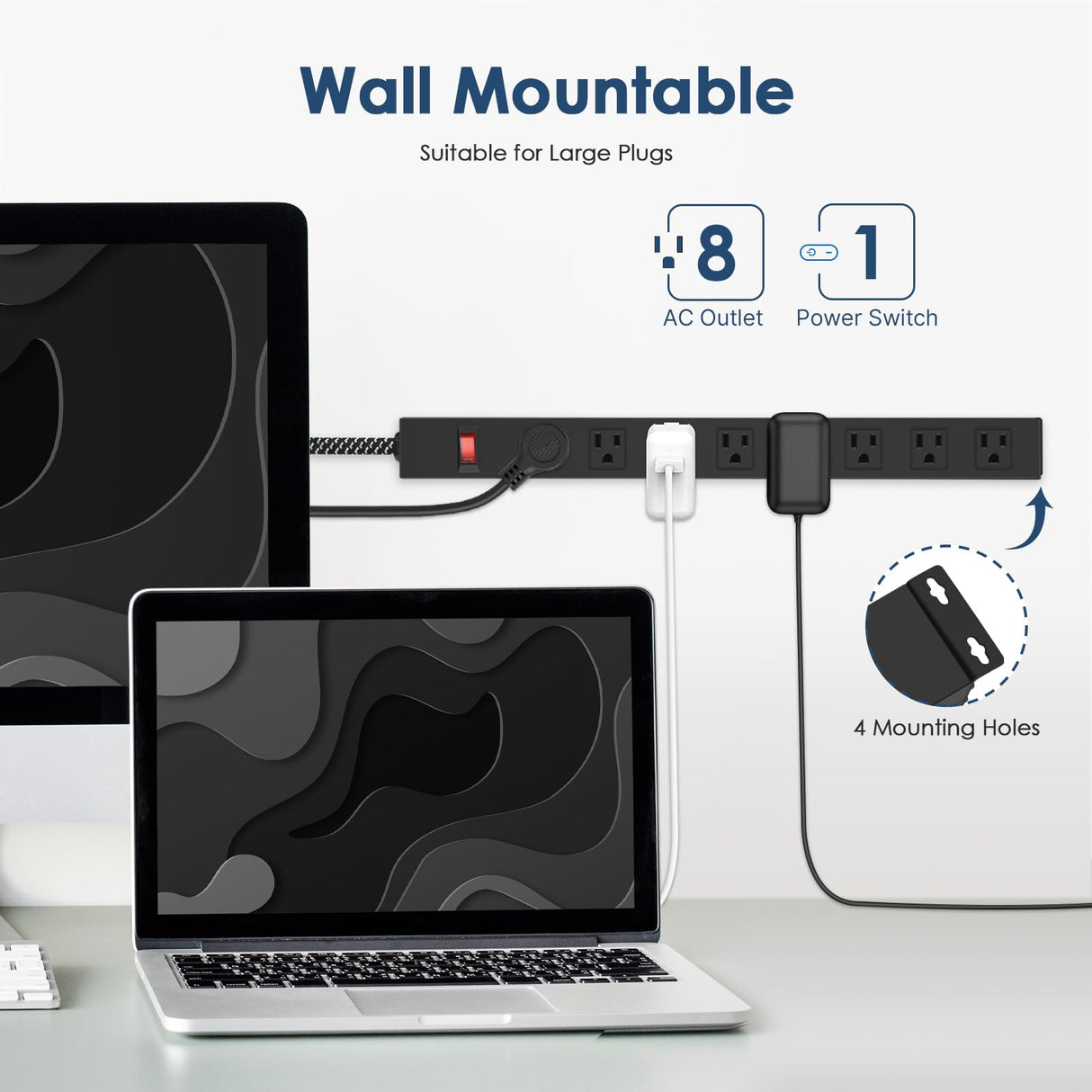 Metal 8 Outlet Mountable Power Strip with Switch,Wide Spaced Heavy Duty Wall Mount Power Strip Surge Protector 1200J,6FT 14AWG Braided Cord 15A 125V 1875W for Home Office Industrial Garage Commercial ANNQUAN