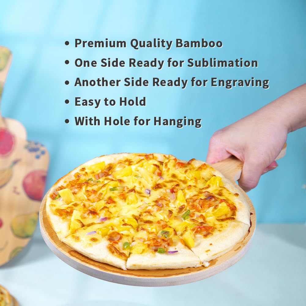 PYD Life 6 Pack Sublimation Bamboo Cutting Boards Round with Handle Blanks L 15" x W 10.2" Thickness 0.47“ Sublimation Wooden Pizza Boards for Kitchen Cheese Fruit Vegetables