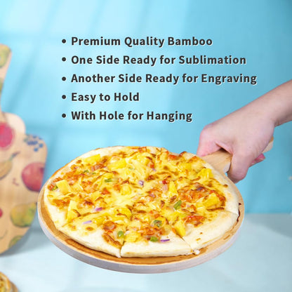 PYD Life 6 Pack Sublimation Bamboo Cutting Boards Round with Handle Blanks L 15" x W 10.2" Thickness 0.47“ Sublimation Wooden Pizza Boards for Kitchen Cheese Fruit Vegetables