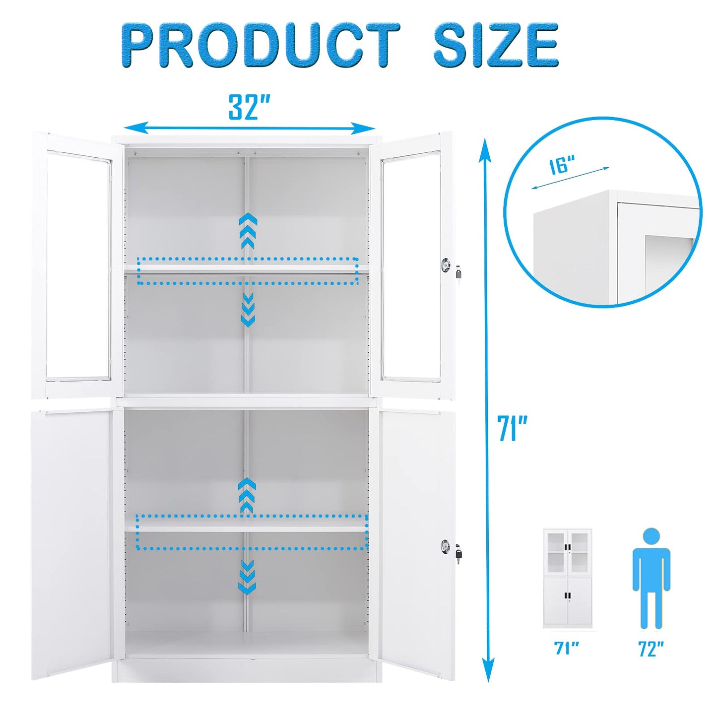 Letaya Storage Cabinet with Doors and Shelves,71" Steel Locker Acrylic Glass Door with Lock, for School Home Office - WoodArtSupply