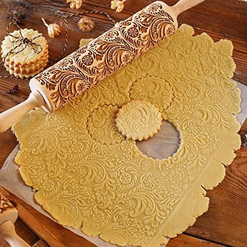 Embossed Wooden Rolling Pin, Embossing Rolling Pin for Baking Fondant, Pizza, Pie, Pastry, Pasta, Dough, Cookies, Suitable Christmas, Father and Mother's Gift