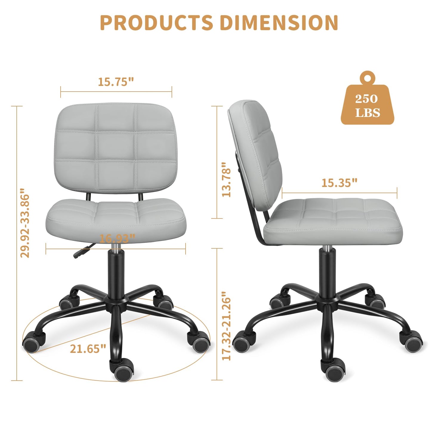 ERGOSEAT Armless Home Office Desk Chair with Wheels, Modern Ergonomic Drafting Rolling Chair with 360° Swivel Wheels,Height Adjustable Computer Task Chairs for Small Space, Light Grey - WoodArtSupply