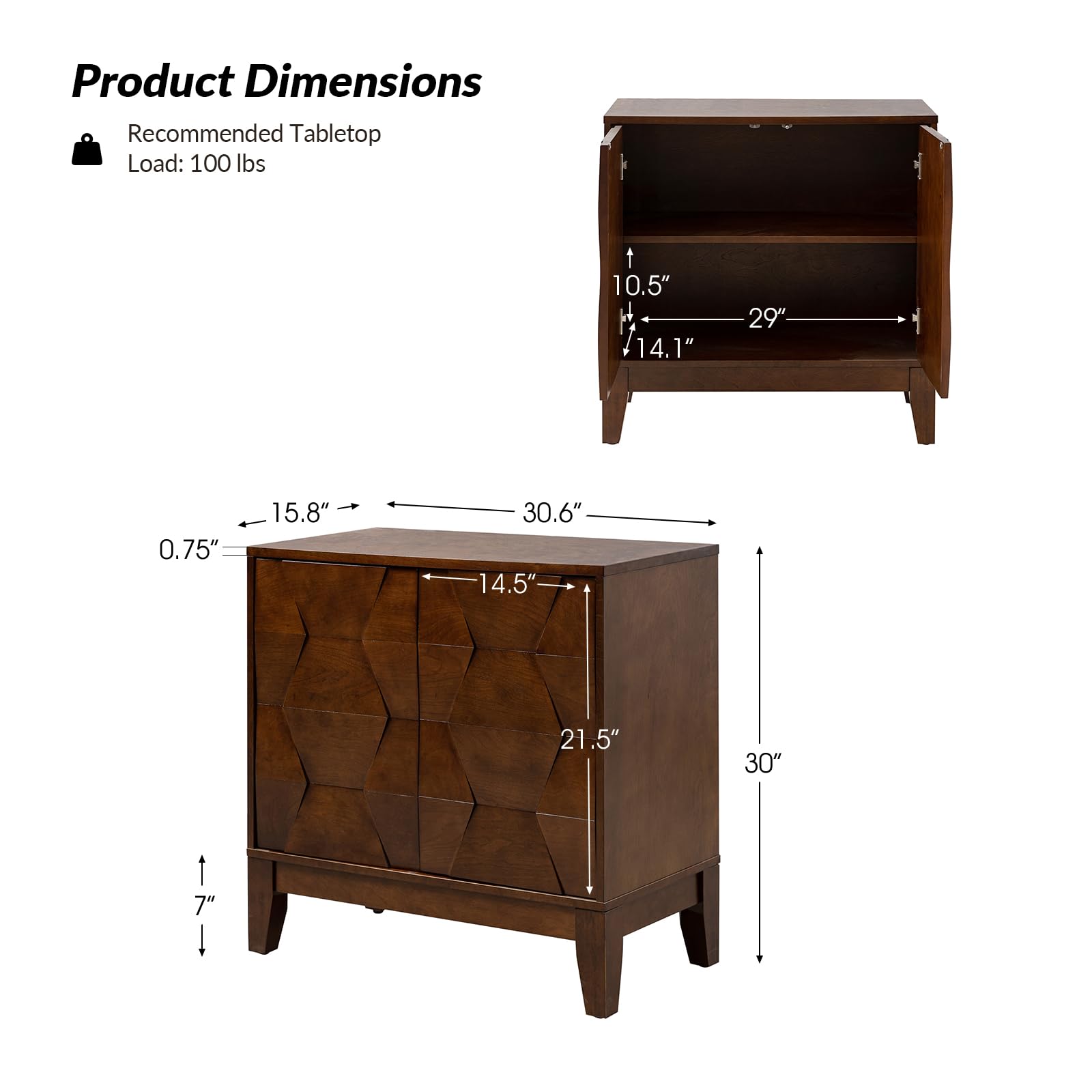 HULALA HOME Modern Buffet Cabinet Kitchen Storage Cabinet with 3D Geometric Design, Free Standing Sideboard Solid Wood Legs Adjustable Shelf, Walnut Accent Cabinet for Living Room Dining Room - WoodArtSupply