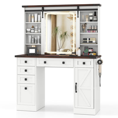CHARMAID Farmhouse Vanity Table with Barn-Style Sliding Lighted Mirror, 45 in Makeup Vanity Desk with Charging Station, 9 Shelves, 6 Drawers & Cabinet, 3 Lighting Modes, Dressing Table for Bedroom