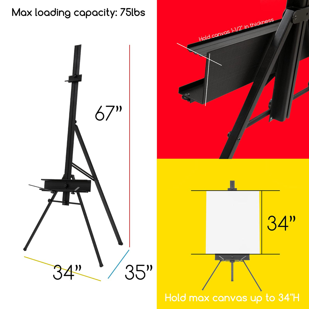 MEEDEN Art Easel Stand for Painting & Display, Premium Aluminum Painting Easel, Portable Paint Easel for Canvas Painting, Floor Easel with Swing-Out Palette Holder & Brush Rest, Hold Canvas Up to 34" MEEDEN