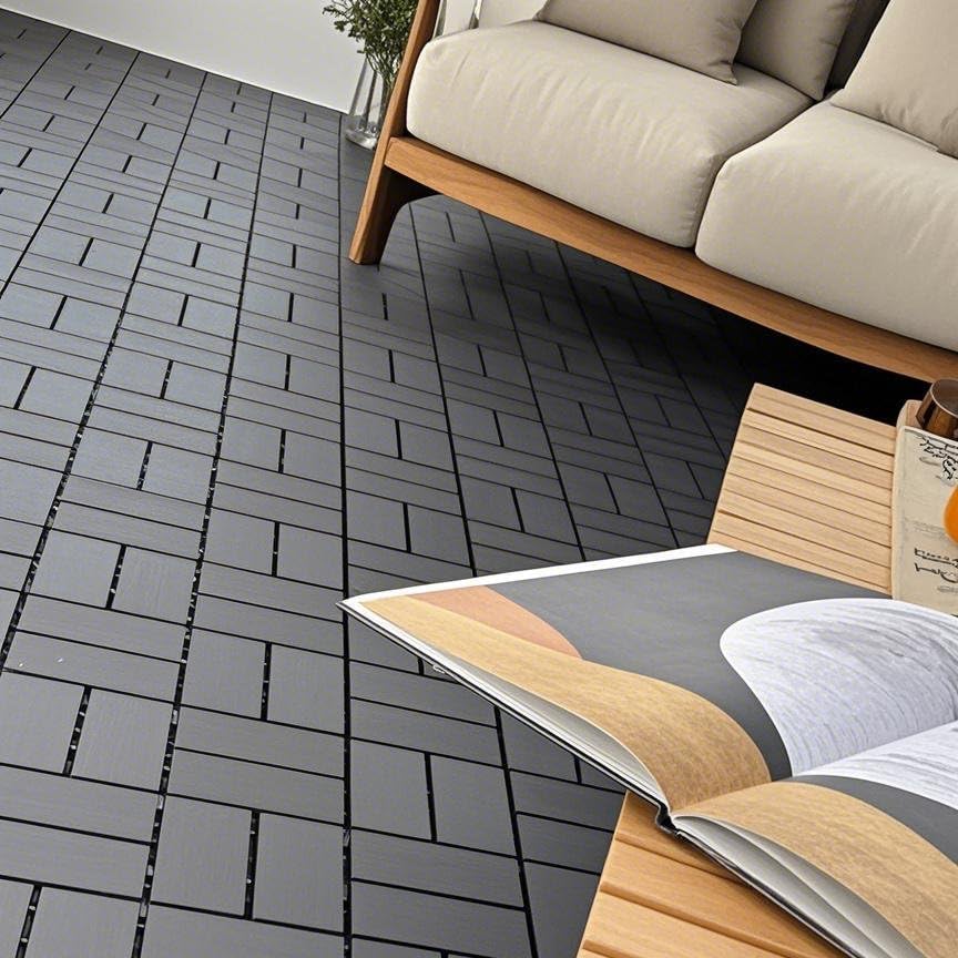 Plastic Interlocking Deck Tiles (44 PCS), 12x12 Inches Waterproof Outdoor Patio Flooring, Easy Snap Balcony Floor Tiles for Garden, Poolside, Backyard, Pathway, Indoor Use, Dark Grey, Grid Pattern Generic