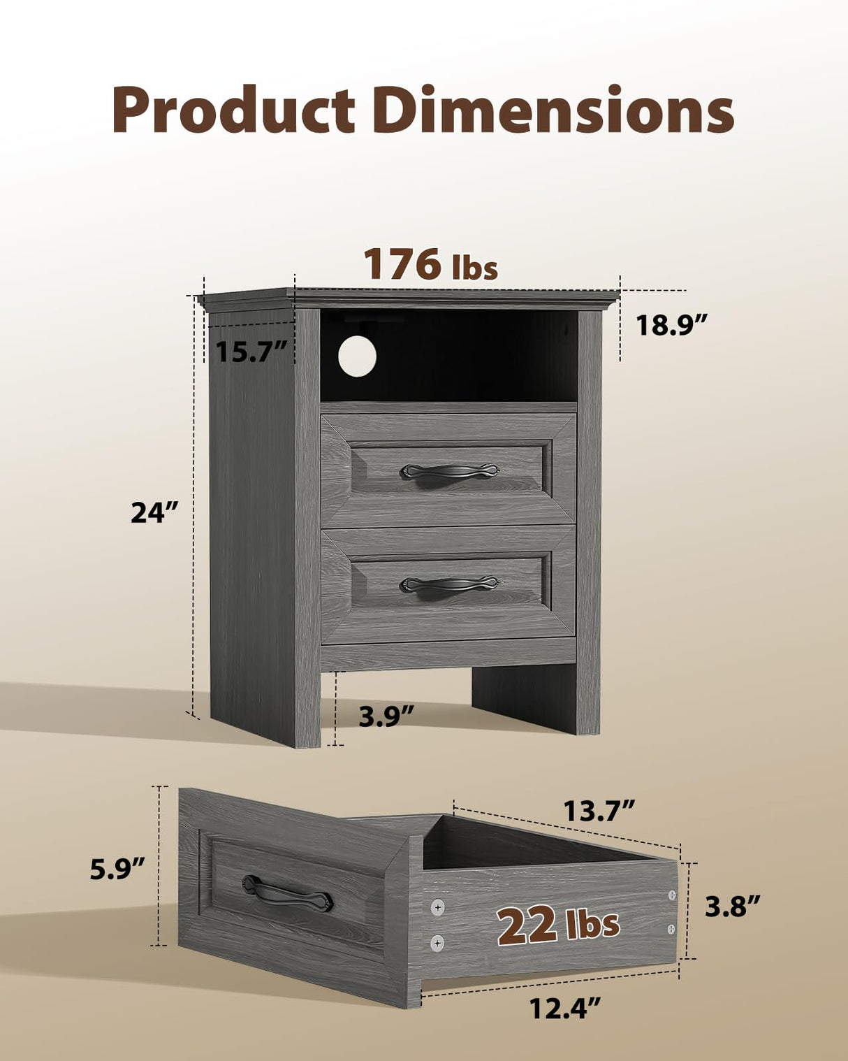 Amada Farmhouse Nightstand with Charging Station, 18.9 Inch Wide Bedside Table with 2 Drawers, USB A Port, USB C Port, 2 AC Outlets, Rustic Farmhouse End Table for Bedroom, Gray AMADA HOMEFURNISHING
