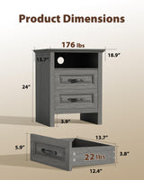 Amada Farmhouse Nightstand with Charging Station, 18.9 Inch Wide Bedside Table with 2 Drawers, USB A Port, USB C Port, 2 AC Outlets, Rustic Farmhouse End Table for Bedroom, Gray AMADA HOMEFURNISHING