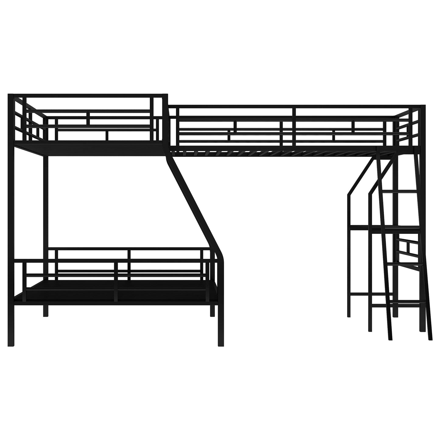 SOFTSEA Twin Over Full Metal Bunk Bed with Desk, L-Shaped Triple Bunk Bed with Ladder and Safety Guardrails, Heavy Duty Metal Bunk Bed Frame, Noise-Free, No Box Spring Needed, Black