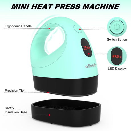 eSeedy Mini Heat Press Machine, 3 Heat Settings& Fast Heating, 15 Mins Auto-Off, Insulated Safety Base, Mini Iron for Crafting, T Shirts, Hats, Heating Transfer Projects (Green) eSeedy