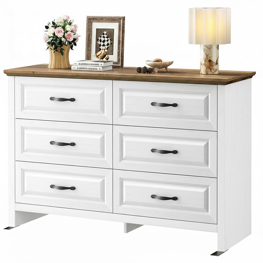 Marsail Farmhouse 6 Drawer Dresser, Wood Chest of Drawers with Natural Texture, Smooth Gliding Drawers, Versatile Storage Organizer Cabinet for Bedroom & Living Room, White and Brown Marsail
