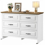 Marsail Farmhouse 6 Drawer Dresser, Wood Chest of Drawers with Natural Texture, Smooth Gliding Drawers, Versatile Storage Organizer Cabinet for Bedroom & Living Room, White and Brown Marsail