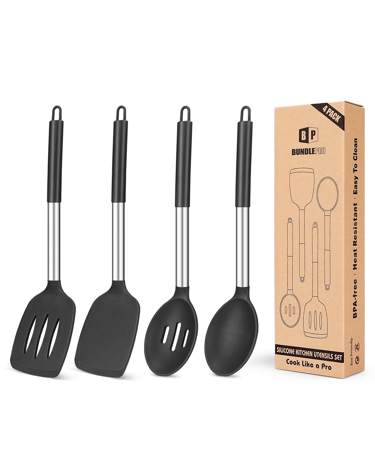 Pack of 4 Silicone Cooking Utensils Set, Non Stick Large Solid Spatulas, Heat Resistant Black Slotted Spoons, Ideal BPA Free Kitchen Turners for Frying, Mixing,Serving,Draining,Turning,Stirring BUNDLEPRO