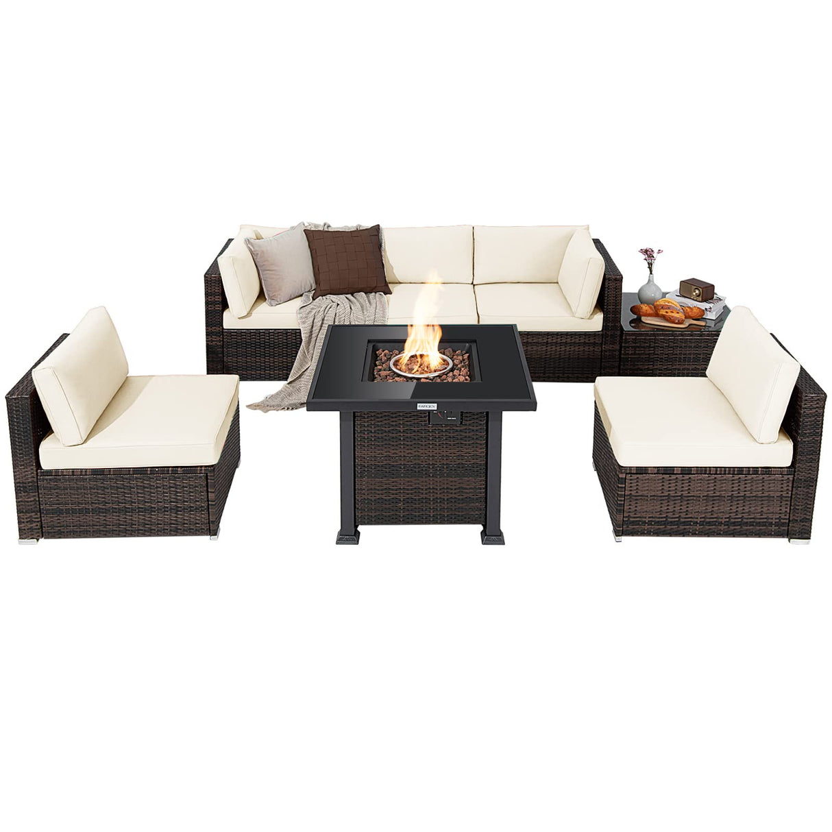 COSTWAY 7 Piece Patio Furniture Set with 32'' Fire Pit Table, Outdoor Wicker Rattan Sectional Sofa Set with 4'' Thickened Cushions, Side Coffee Table for Poolside Backyard (Off White) COSTWAY