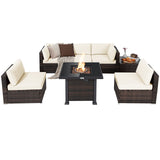 COSTWAY 7 Piece Patio Furniture Set with 32'' Fire Pit Table, Outdoor Wicker Rattan Sectional Sofa Set with 4'' Thickened Cushions, Side Coffee Table for Poolside Backyard (Off White) COSTWAY