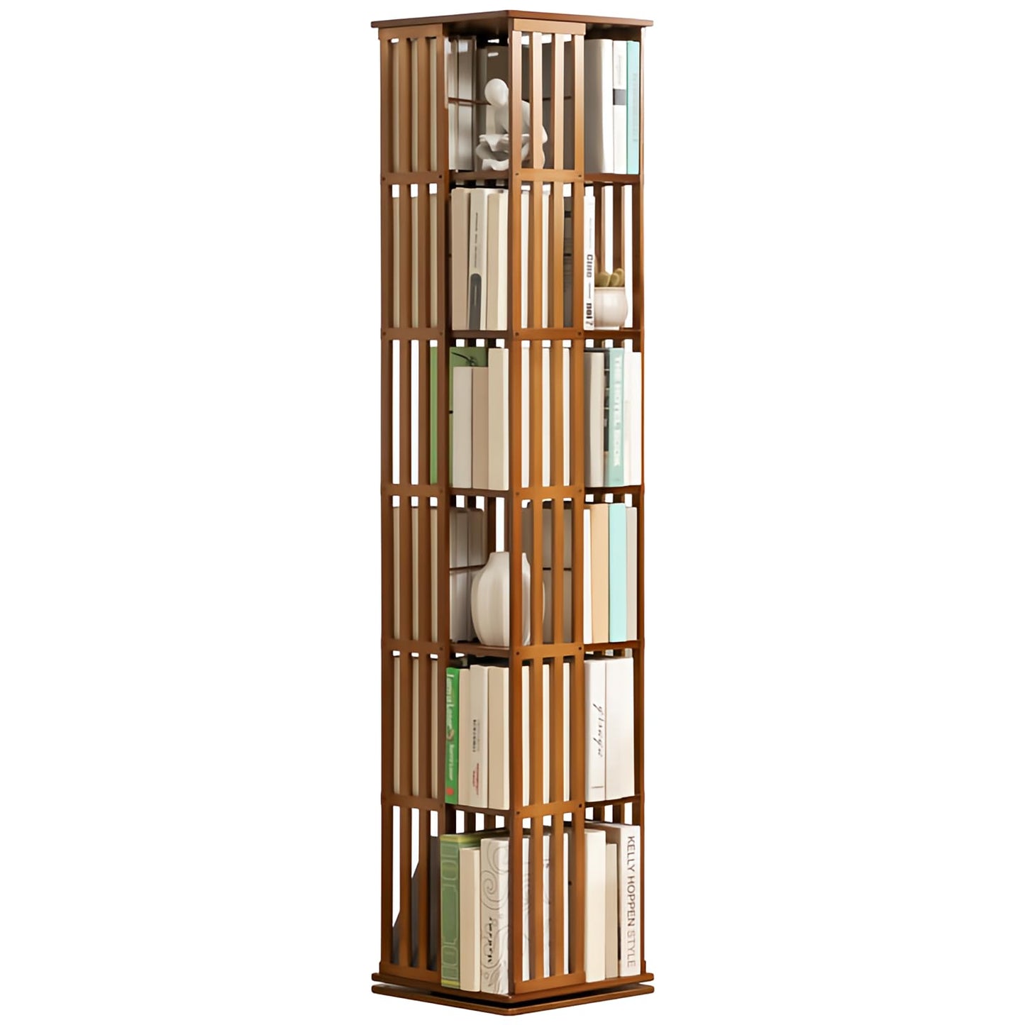 NDDKSII 360° Space-Saving Rotating Bookshelf Tower with 6 Tiers - Multi-Compartment Storage for Home and Office - WoodArtSupply